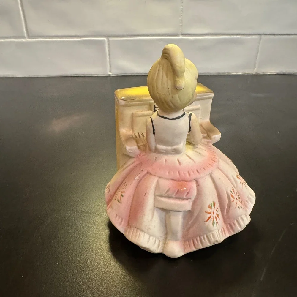 Vintage Girl at Piano Figurine Home Decor 6in Pink Yellow Hand Painted Kitsch